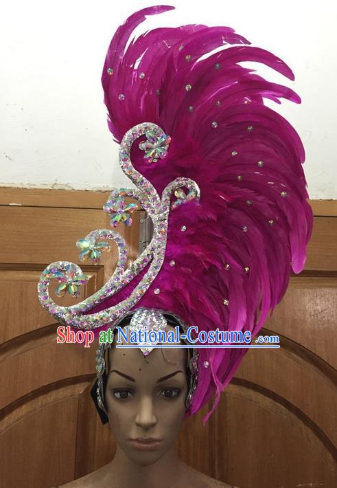 Top Grade Brazilian Rio Carnival Samba Dance Hair Accessories, Halloween Parade Giant Rosy Feather Headpiece for Women