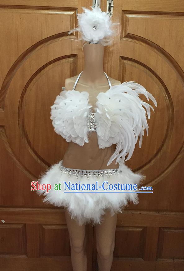 Top Grade Professional Performance Catwalks Costume Bikini and Headpiece, Traditional Brazilian Rio Carnival Samba Dance Modern Fancywork White Swimsuit for Women