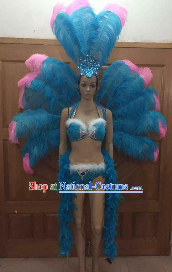 Top Grade Professional Performance Catwalks Costume Blue Feather Bikini with Wings, Traditional Brazilian Rio Carnival Samba Dance Clothing and Headpiece for Women