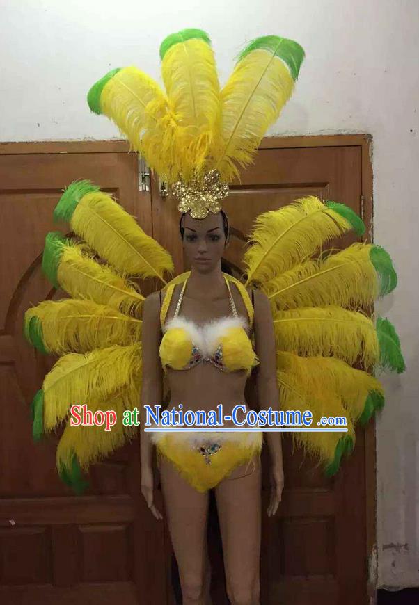 Top Grade Professional Performance Catwalks Costume Yellow Feather Bikini with Wings, Traditional Brazilian Rio Carnival Samba Dance Clothing and Headpiece for Women