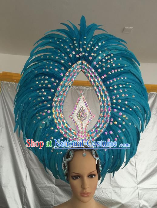 Top Grade Halloween Parade Hair Accessories Brazilian Rio Carnival Samba Dance Blue Feather Giant Headwear for Women