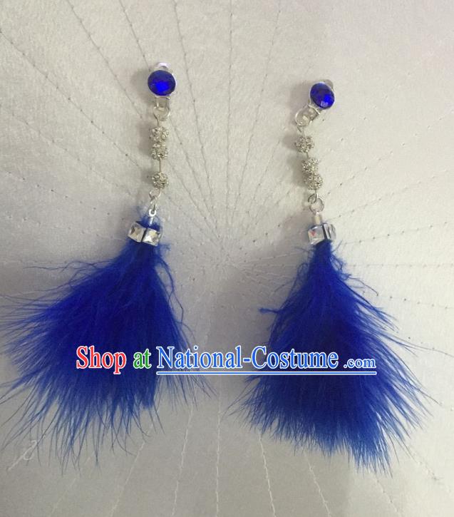 Top Grade Brazilian Rio Carnival Samba Dance Accessories Earrings, Halloween Parade Blue Feather Eardrop for Women