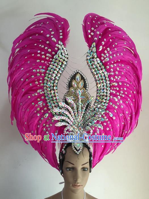 Top Grade Brazilian Rio Carnival Samba Dance Hair Accessories Headwear, Halloween Parade Rosy Feather Headpiece for Women