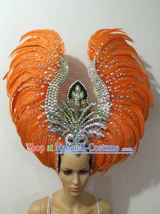 Top Grade Brazilian Rio Carnival Samba Dance Hair Accessories Headwear, Halloween Parade Orange Feather Headpiece for Women