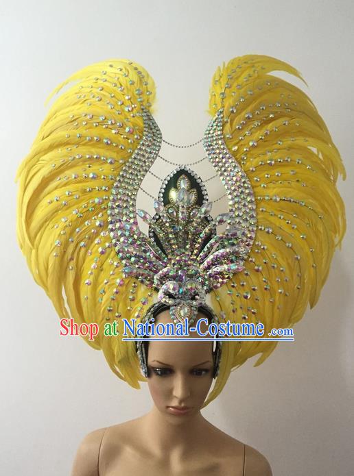 Top Grade Brazilian Rio Carnival Samba Dance Hair Accessories Headwear, Halloween Parade Yellow Feather Headpiece for Women