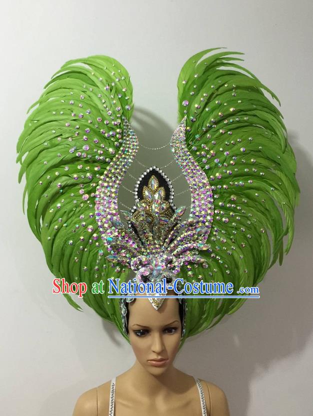 Top Grade Brazilian Rio Carnival Samba Dance Hair Accessories Headwear, Halloween Parade Green Feather Headpiece for Women