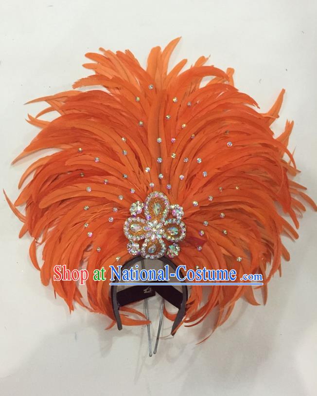 Top Grade Brazilian Rio Carnival Samba Dance Hair Accessories Giant Headpiece Headwear, Halloween Parade Big Orange Feather Headdress for Women