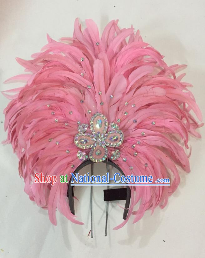 Top Grade Brazilian Rio Carnival Samba Dance Hair Accessories Giant Headpiece Headwear, Halloween Parade Big Pink Feather Headdress for Women