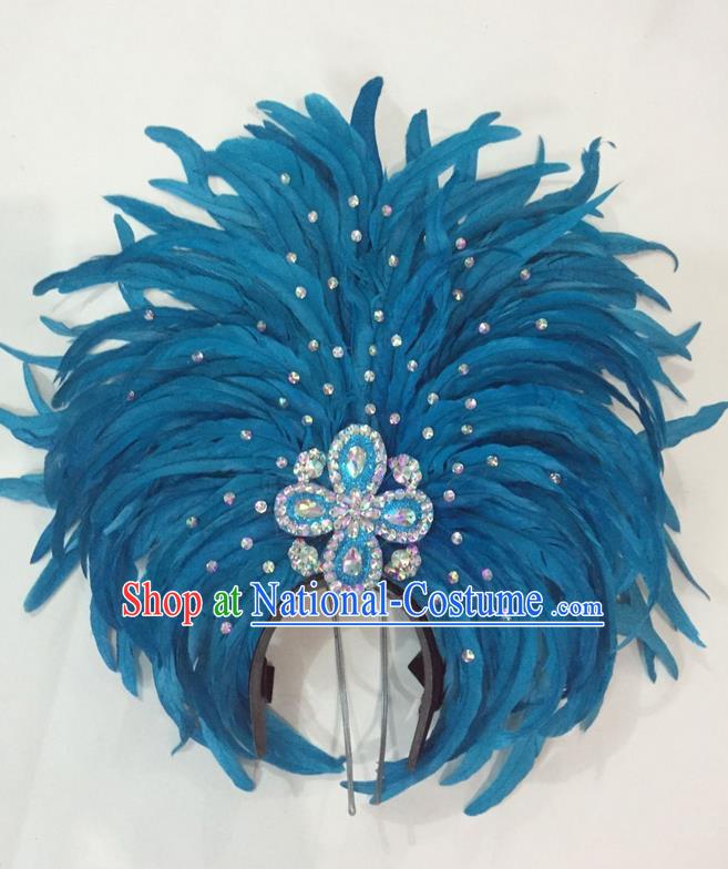 Top Grade Brazilian Rio Carnival Samba Dance Hair Accessories Giant Headpiece Headwear, Halloween Parade Big Blue Feather Headdress for Women