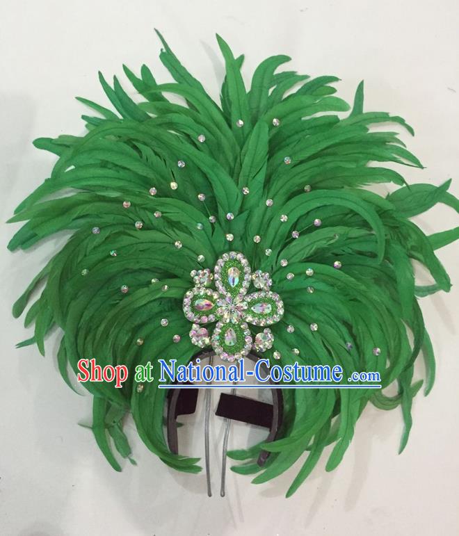 Top Grade Brazilian Rio Carnival Samba Dance Hair Accessories Giant Headpiece Headwear, Halloween Parade Big Green Feather Headdress for Women