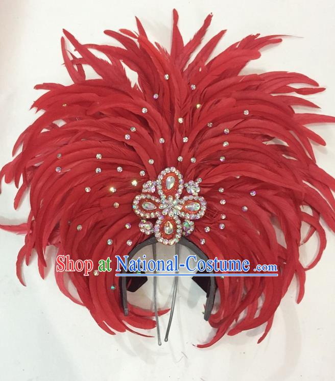 Top Grade Brazilian Rio Carnival Samba Dance Hair Accessories Giant Headpiece Headwear, Halloween Parade Big Red Feather Headdress for Women