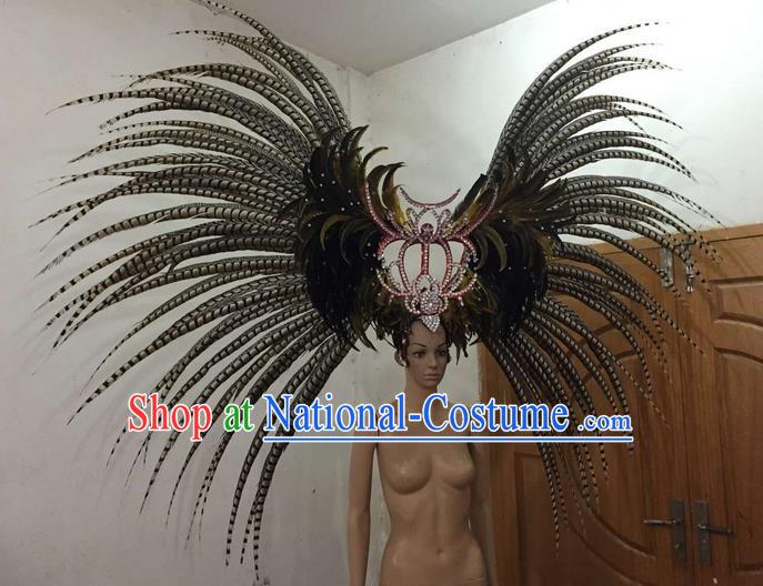 Top Grade Brazilian Rio Carnival Samba Dance Long Feather Hair Accessories Giant Headpiece Decorations, Halloween Parade Big Headwear for Women