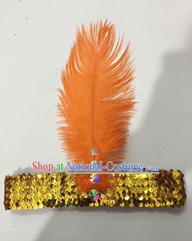 Top Grade Brazilian Rio Carnival Samba Dance Orange Feather Hair Accessories Headpiece, Halloween Parade Crystal Headwear for Women