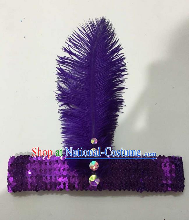 Top Grade Brazilian Rio Carnival Samba Dance Purple Feather Hair Accessories Headpiece, Halloween Parade Crystal Headwear for Women