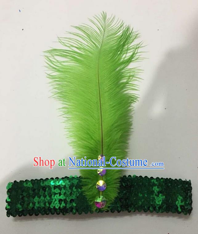 Top Grade Brazilian Rio Carnival Samba Dance Green Feather Hair Accessories Headpiece, Halloween Parade Crystal Headwear for Women