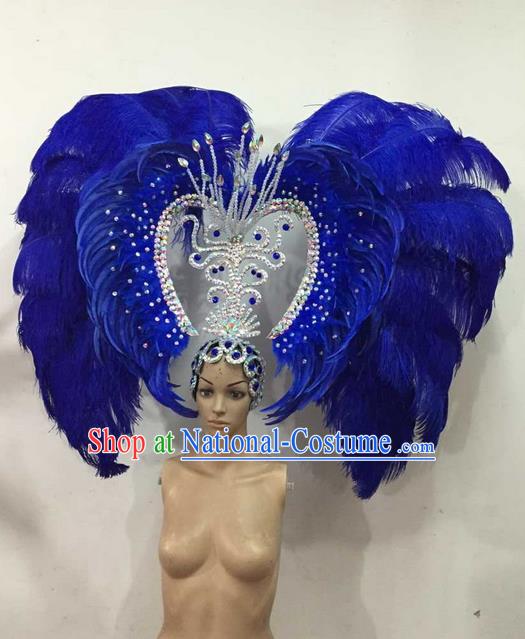 Top Grade Brazilian Rio Carnival Samba Dance Blue Feather Big Hair Accessories Deluxe Headpiece, Halloween Parade Giant Headwear for Women