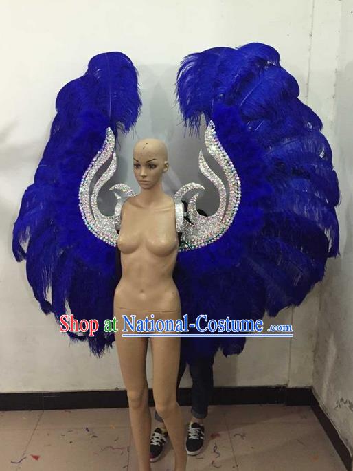 Top Grade Brazilian Rio Carnival Samba Dance Blue Feathers Deluxe Wings, Halloween Parade Feather Decorations Backplane for Women