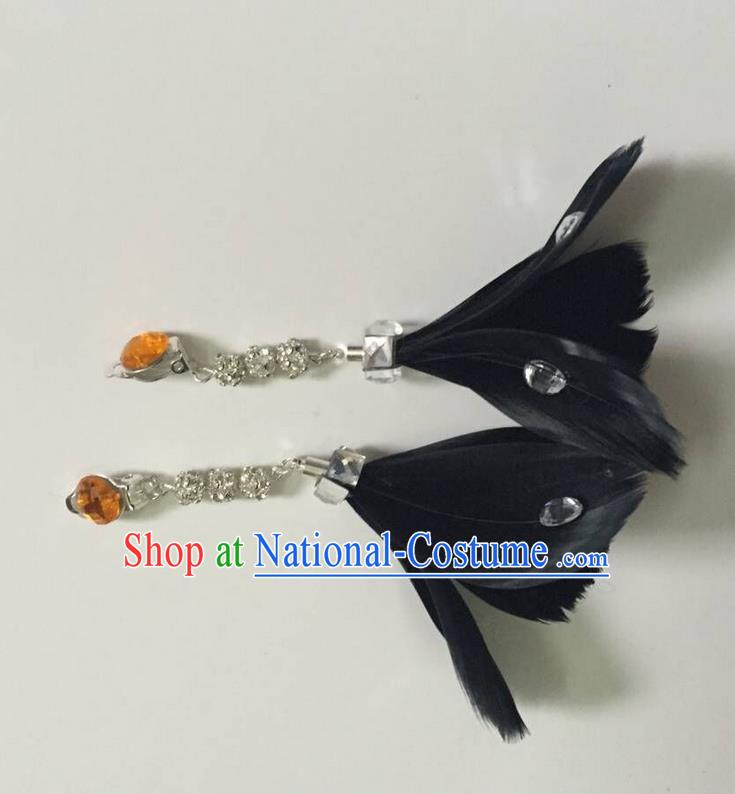 Top Grade Brazilian Rio Carnival Samba Dance Accessories Earrings, Halloween Parade Black Feather Eardrop for Women