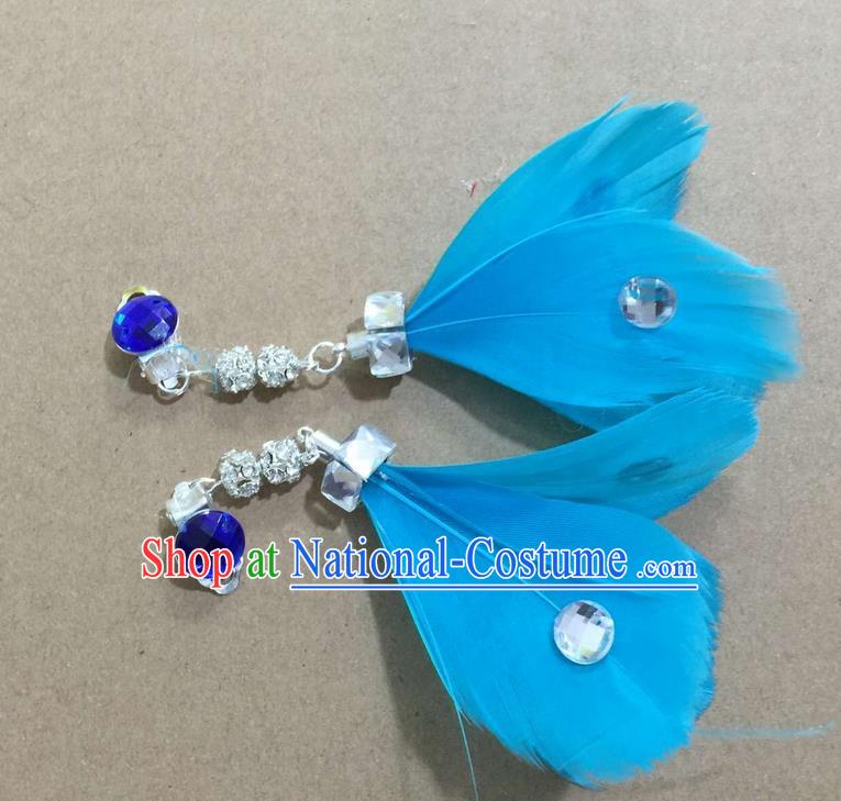 Top Grade Brazilian Rio Carnival Samba Dance Accessories Earrings, Halloween Parade Blue Feather Eardrop for Women