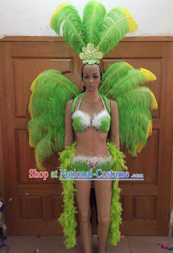 Top Grade Professional Performance Catwalks Costume Green Feather Bikini with Wings, Traditional Brazilian Rio Carnival Samba Dance Clothing and Headpiece for Women