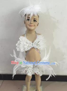 Top Grade Professional Performance Catwalks Costume White Feather Swimsuit, Traditional Brazilian Rio Carnival Samba Dance Bikini Clothing for Kids