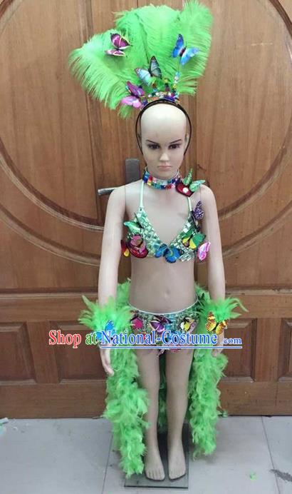 Top Grade Professional Performance Catwalks Costume Green Feather Swimsuit and Headwear, Traditional Brazilian Rio Carnival Samba Dance Bikini Clothing for Kids