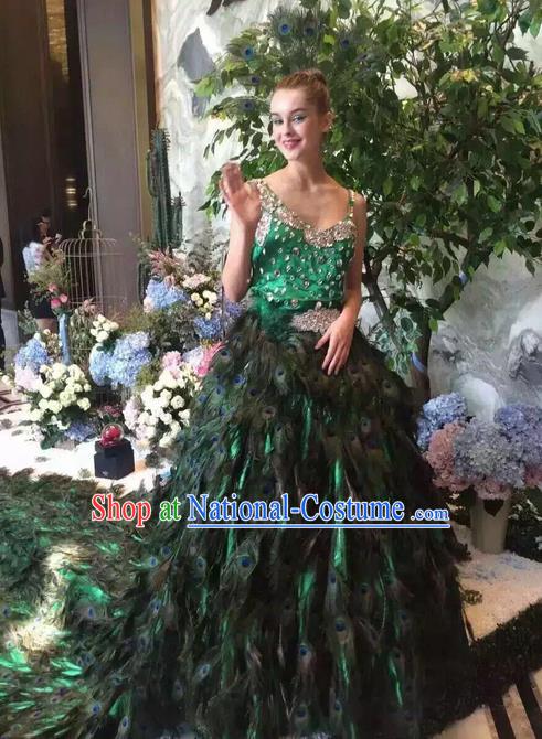 Top Grade Professional Performance Catwalks Costume Feather Full Dress, Traditional Brazilian Rio Carnival Samba Dance Peacock Trailing Clothing for Women