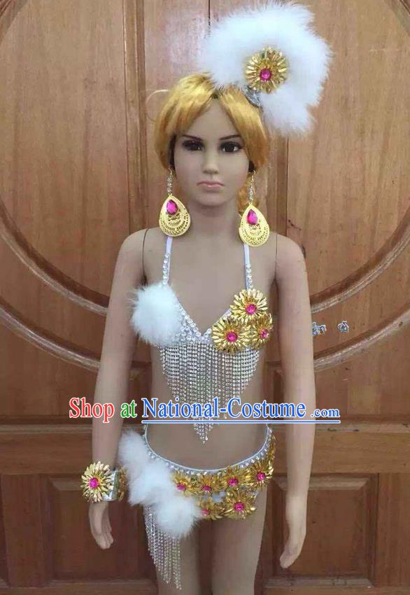 Top Grade Professional Performance Catwalks Costume White Swimsuit, Traditional Brazilian Rio Carnival Samba Dance Bikini Clothing for Kids