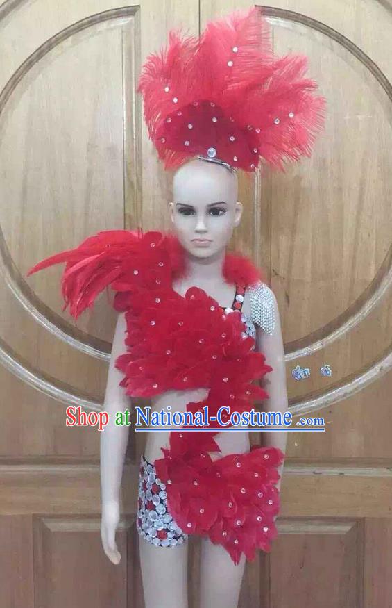 Top Grade Professional Performance Catwalks Costume Red Swimsuit and Headwear, Traditional Brazilian Rio Carnival Samba Dance Bikini Clothing for Kids