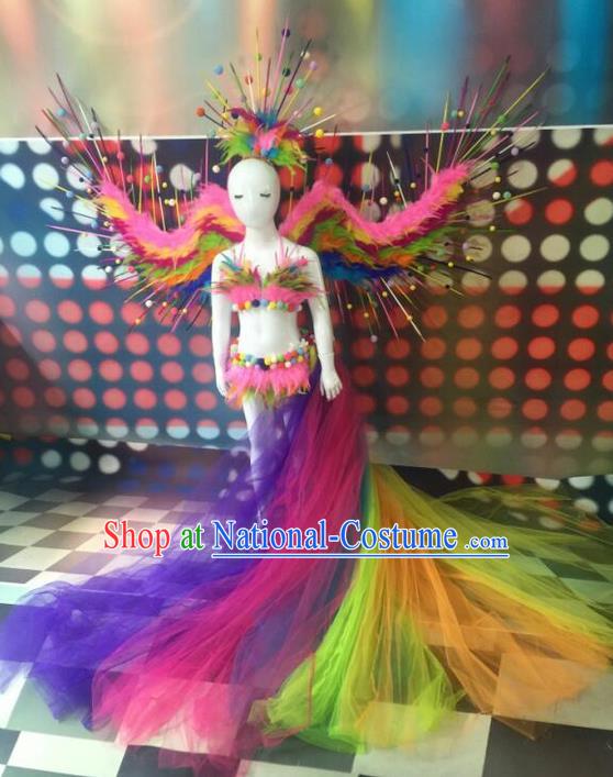 Top Grade Professional Performance Catwalks Costume Swimsuit and Headwear, Traditional Brazilian Rio Carnival Samba Dance Bikini Clothing with Wings for Kids