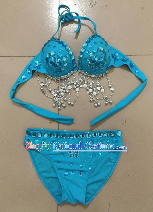 Top Grade Professional Performance Catwalks Costume Blue Swimsuit, Traditional Brazilian Rio Carnival Samba Belly Dance Bikini Clothing for Kids