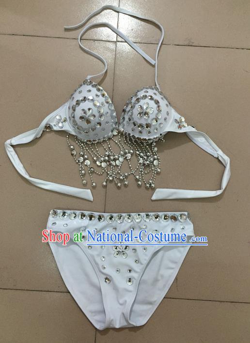 Top Grade Professional Performance Catwalks Costume White Swimsuit, Traditional Brazilian Rio Carnival Samba Belly Dance Bikini Clothing for Kids