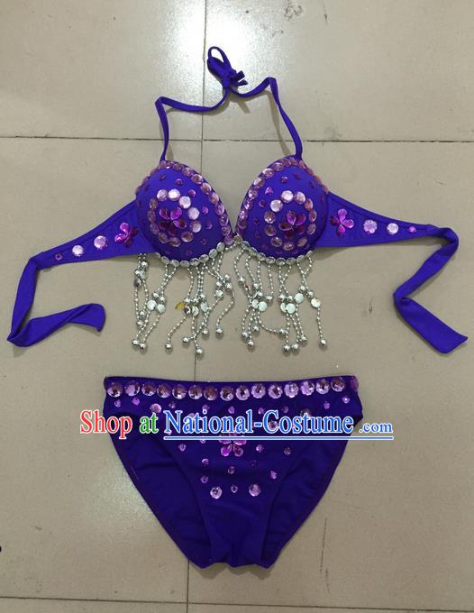 Top Grade Professional Performance Catwalks Costume Purple Swimsuit, Traditional Brazilian Rio Carnival Samba Belly Dance Bikini Clothing for Kids