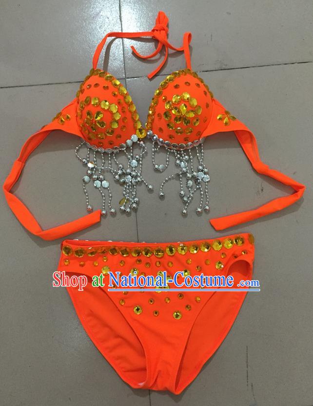 Top Grade Professional Performance Catwalks Costume Orange Swimsuit, Traditional Brazilian Rio Carnival Samba Belly Dance Bikini Clothing for Kids