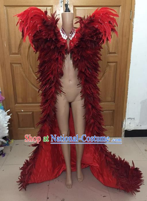 Top Grade Professional Performance Catwalks Costume Halloween Cape, Traditional Brazilian Rio Carnival Samba Belly Dance Red Feather Cloak for Women