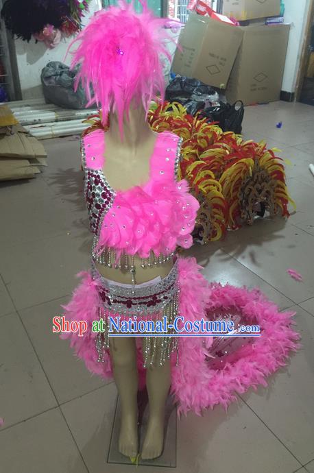 Top Grade Professional Performance Catwalks Costume Pink Feather Bikini, Traditional Brazilian Rio Carnival Samba Dance Swimsuit Clothing and Headwear for Kids