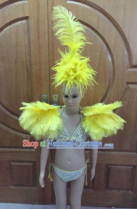 Top Grade Professional Performance Catwalks Costume Yellow Feather Bikini with Wings, Traditional Brazilian Rio Carnival Samba Dance Swimsuit Clothing and Headwear for Kids