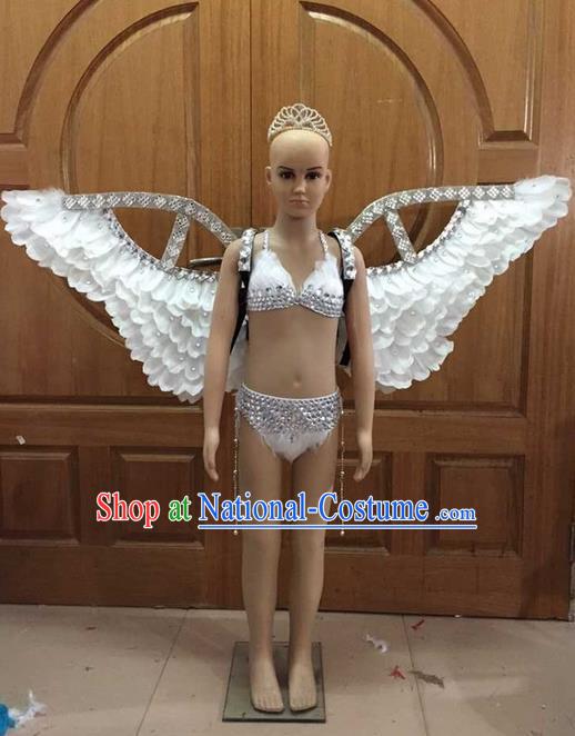 Top Grade Professional Performance Catwalks Costume Bikini with Wings, Traditional Brazilian Rio Carnival Samba Dance Swimsuit Clothing for Kids