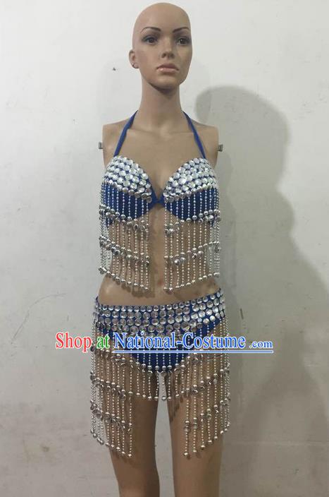 Top Grade Professional Performance Catwalks Tassel Bikini, Traditional Brazilian Rio Carnival Samba Modern Fancywork Belly Dance Blue Swimsuit Clothing for Women