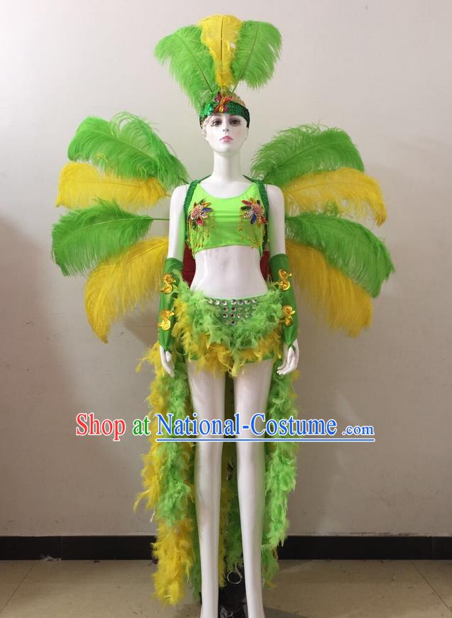 Top Grade Professional Performance Catwalks Green and Yellow Feather Bikini and Headwear Wings, Brazilian Rio Carnival Samba Opening Dance Swimsuit Clothing for Women