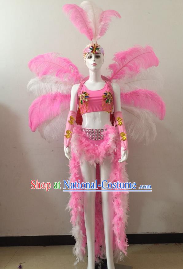 Top Grade Professional Performance Catwalks Pink Feather Bikini and Headwear Wings, Brazilian Rio Carnival Samba Opening Dance Swimsuit Clothing for Women