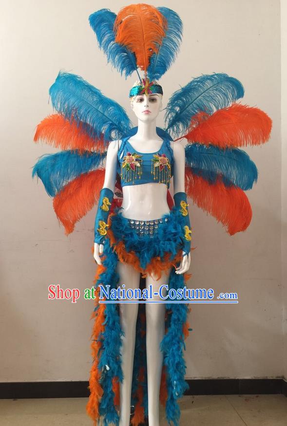 Top Grade Professional Performance Catwalks Blue Feather Bikini and Headwear Wings, Brazilian Rio Carnival Samba Opening Dance Swimsuit Clothing for Women