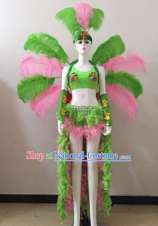 Top Grade Professional Performance Catwalks Pink and Green Feather Bikini and Headwear Wings, Brazilian Rio Carnival Samba Opening Dance Swimsuit Clothing for Women