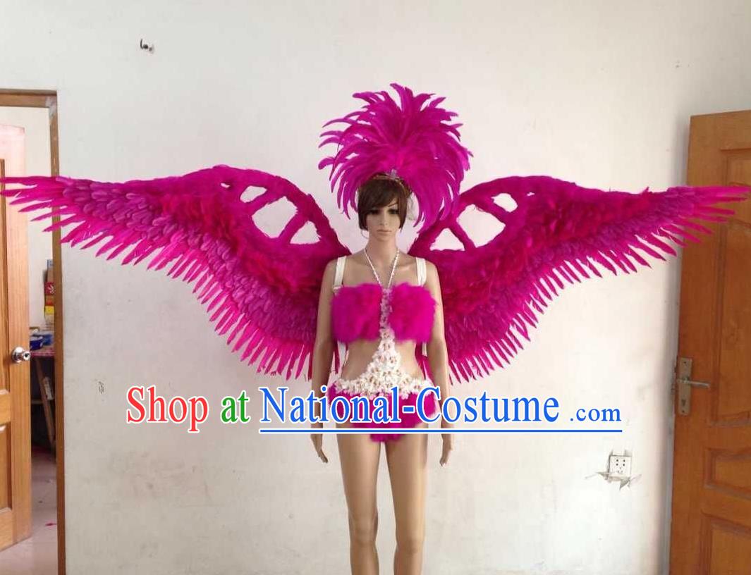 Top Grade Professional Performance Catwalks Rosy Swimsuit, Brazilian Rio Carnival Parade Samba Opening Dance Bikini and Feather Wings for Women