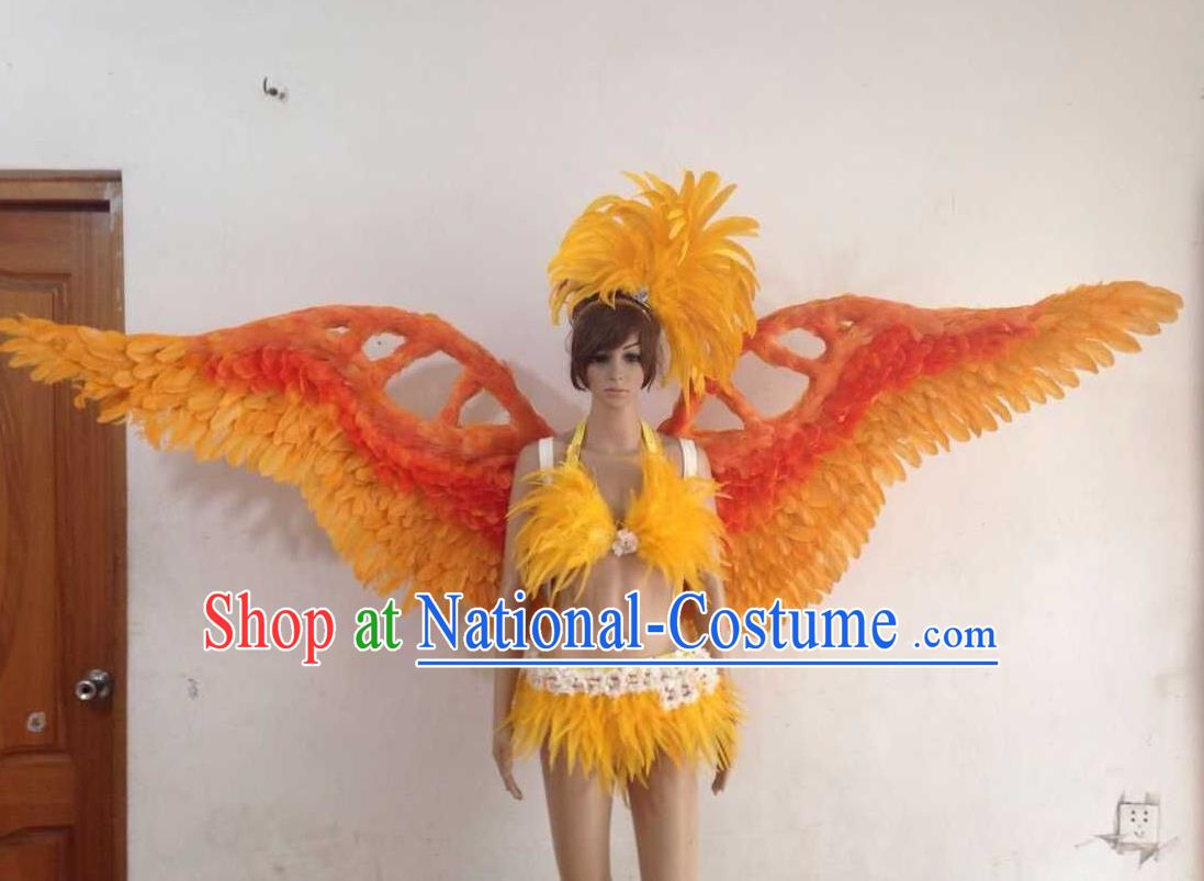 Top Grade Professional Performance Catwalks Golden Swimsuit, Brazilian Rio Carnival Parade Samba Opening Dance Bikini and Feather Wings for Women