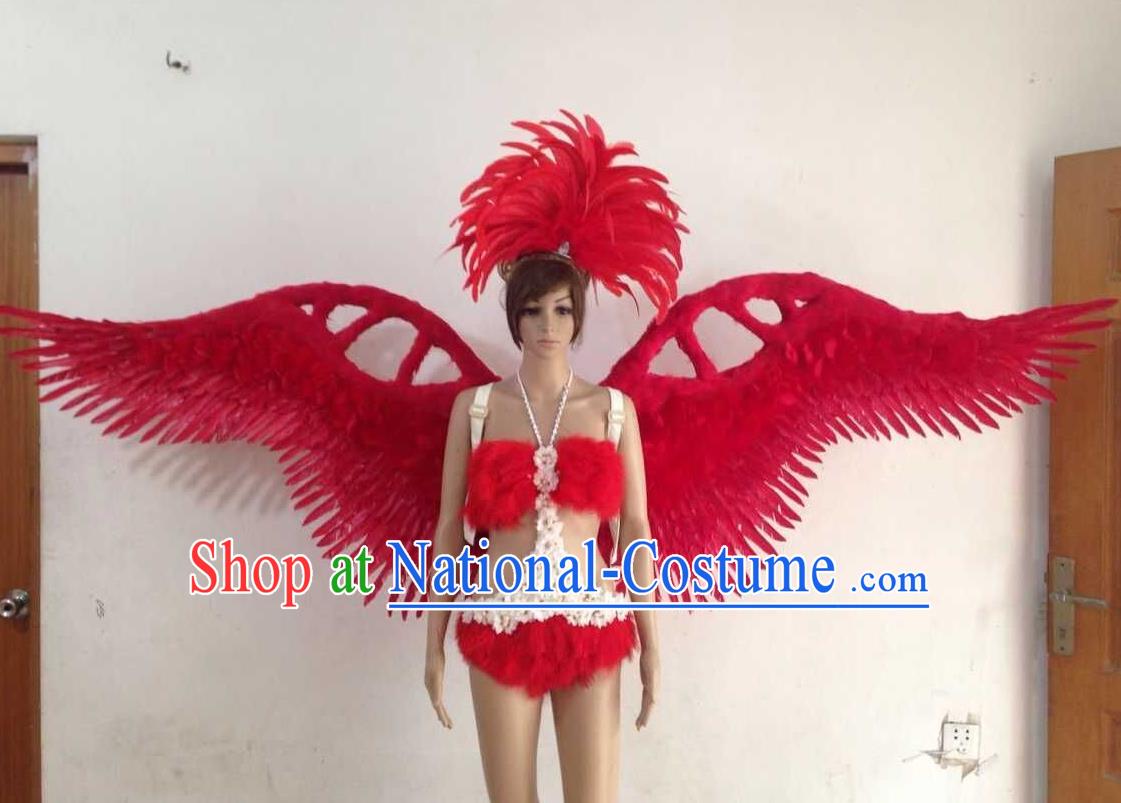 Top Grade Professional Performance Catwalks Red Swimsuit, Brazilian Rio Carnival Parade Samba Opening Dance Bikini and Feather Wings for Women