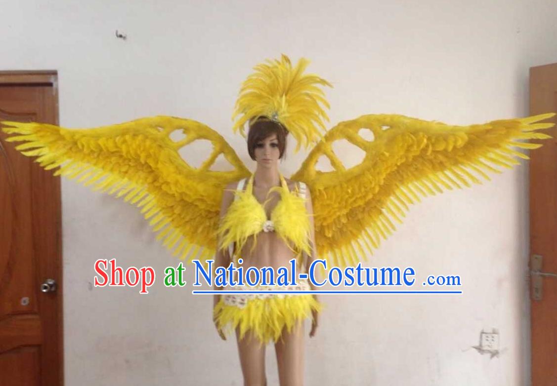 Top Grade Professional Performance Catwalks Yellow Swimsuit, Brazilian Rio Carnival Parade Samba Opening Dance Bikini and Feather Wings for Women