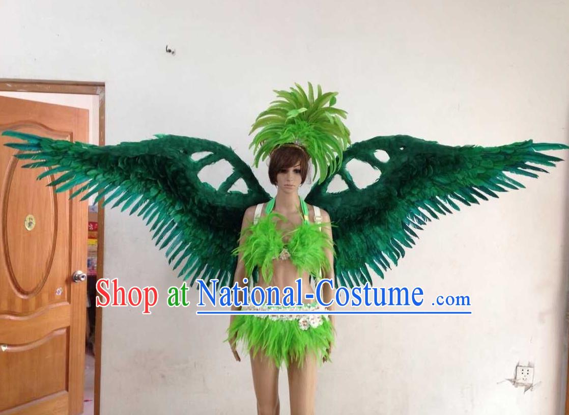 Top Grade Professional Performance Catwalks Green Swimsuit, Brazilian Rio Carnival Parade Samba Opening Dance Bikini and Feather Wings for Women