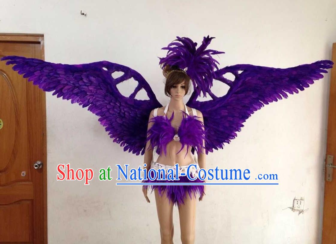 Top Grade Professional Performance Catwalks Purple Swimsuit, Brazilian Rio Carnival Parade Samba Opening Dance Bikini and Feather Wings for Women