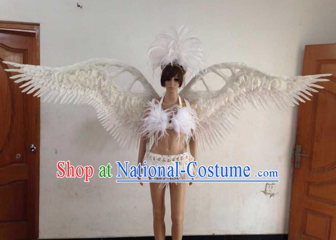 Top Grade Professional Performance Catwalks White Swimsuit, Brazilian Rio Carnival Parade Samba Opening Dance Bikini and Feather Wings for Women